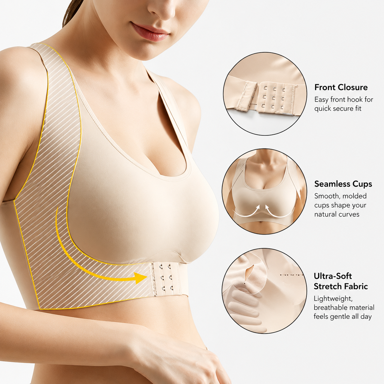 Cross Back Front Closure Wireless Posture Support Bra